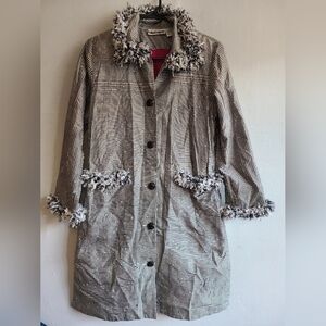 Women's XS/small black white checkered pink lining long jacket sequin poof SILK